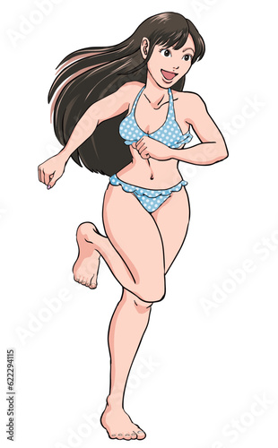 水着ではしゃいでいる・走っている若い女の子_水玉ビキニ
