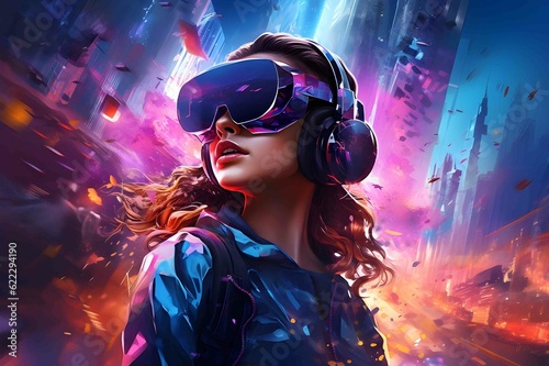 Enthusiastic young woman wearing VR goggles in the metaverse. Metaverse concept and virtual world elements. Illustration of a woman with VR glasses in cyberspace.Generative AI  © Bochana