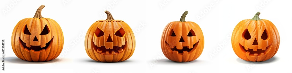 Happy Halloween holiday banner greeting card - Group set collection of carved pumpkins isolated on white background (Generative Ai)