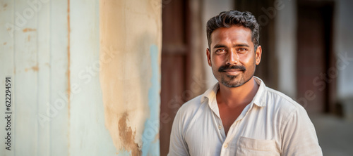 Handsome 40 year old Indian man posing in front of a white wall.