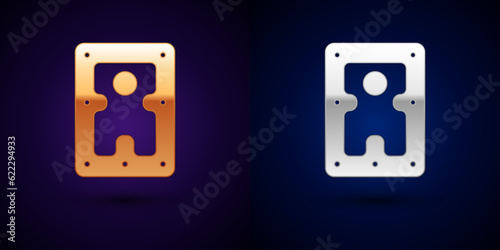 Gold and silver Hard disk drive HDD icon isolated on black background. Vector