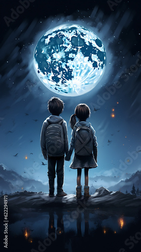 Boy and girl holding hand in hand, standing toward to the sky and full moon, limitless support, unconditional love 