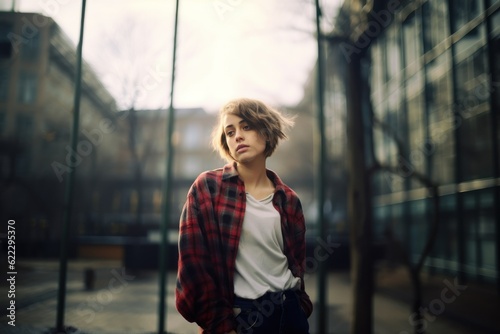 A fictional young lady wearing a red plaid shirt and white tshirt, with short hair, modeling in an urban background. Generative AI illustration.