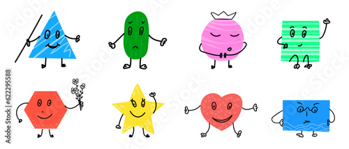 Funny geometric figures. Cute educational illustrations. Childish patterned color emoji characters.