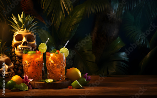 Tiki cocktails with dark bar table background
