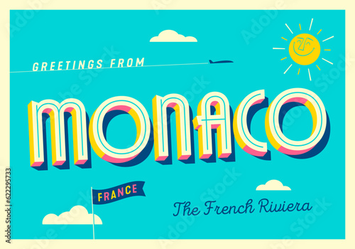 Greetings from Monaco, France - The French Riviera - Touristic Postcard.