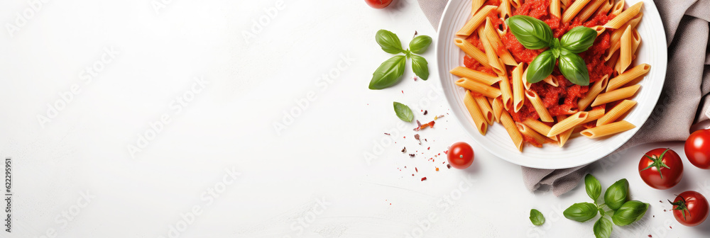 Italian macaroni pasta with tomato sauce on white background. Banner top view. Copy space. Panorama view Italian macaroni pasta with tomato sauce on white background. Banner top view. Copy space. Panorama view