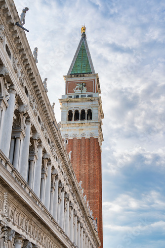 Close up with St Mark's Campanile located in St. Mark's Square in Venice.