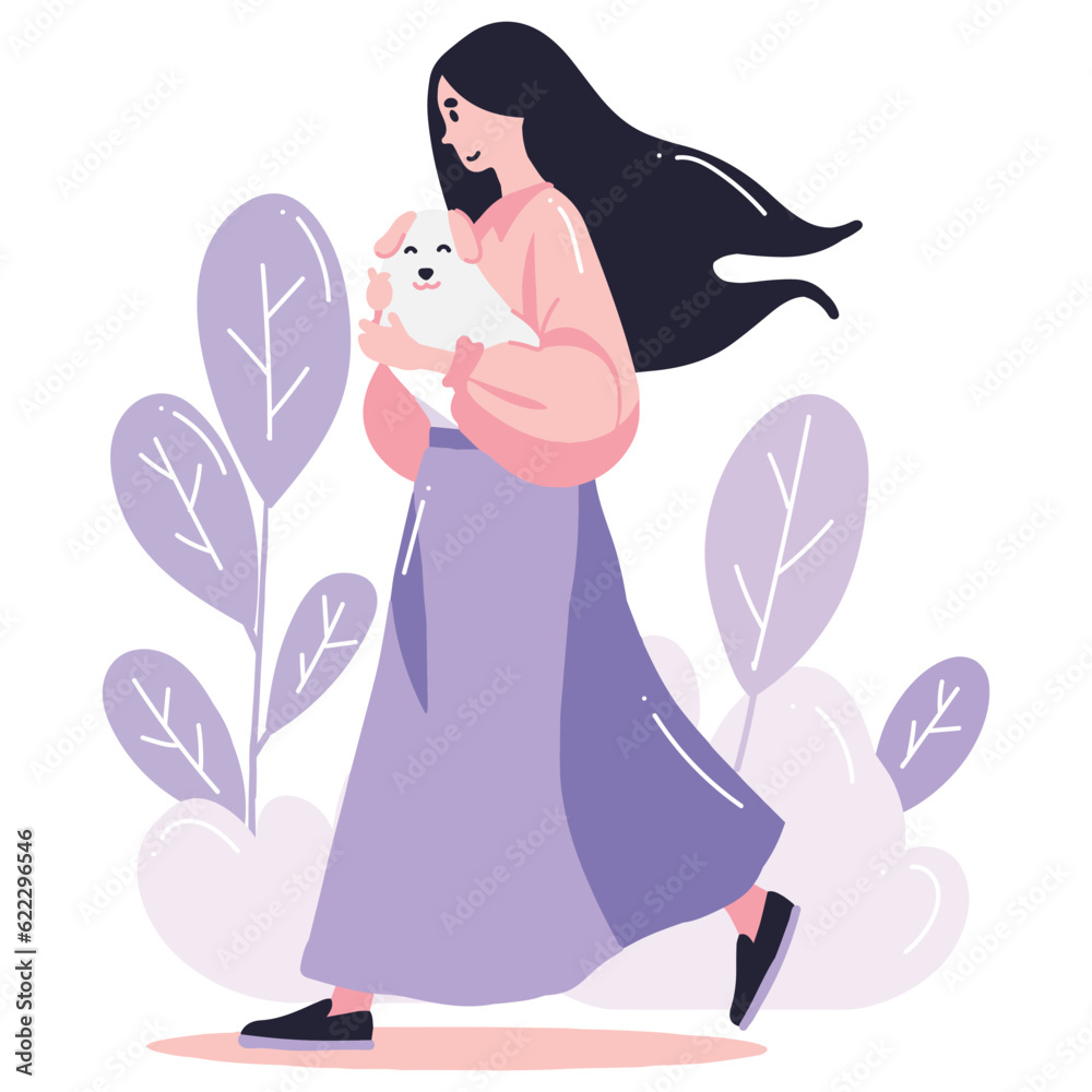 Fototapeta premium teenage girl with cute dog in flat style isolated on background