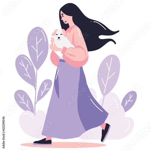 teenage girl with cute dog in flat style isolated on background