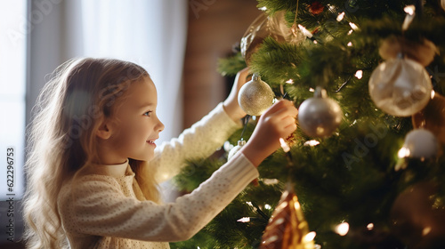 happy little girl decorating Christmas tree at home, winter holidays, charity and people concept Merry Christmas Holiday concept, Generative Ai