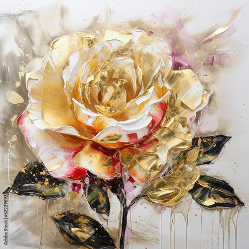 Abstract floral oil painting. Gold and white rose