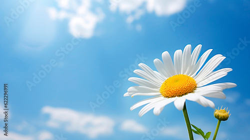 Chamomile daisy flower close up. Blue sky nature landscape. Tranquil air sunny weather holiday summer poster. Abstract atmosphere sky background photo