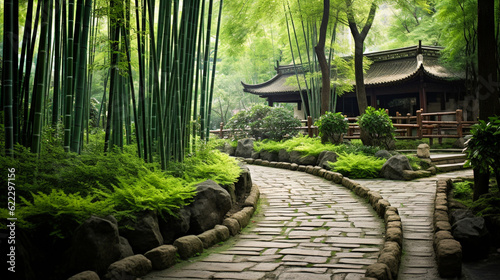 A winding bamboo forest path leads to a traditional Chinese garden. Peaceful mind, Chinese traditional architecture concept.