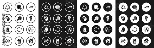 Set Leaf Eco symbol, Human hands holding Earth globe, head with recycle, Recycle, Light bulb leaf, Planet earth recycling, Radioactive and bin icon. Vector