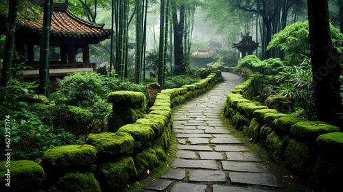 A winding bamboo forest path leads to a traditional Chinese garden.