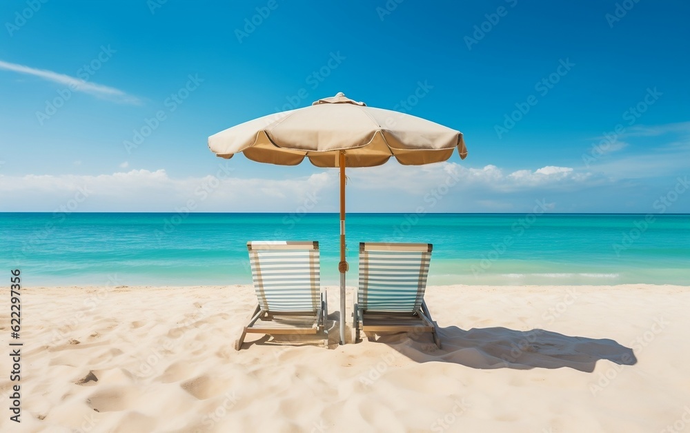 A couple of chairs sitting under an umbrella on a beach. AI