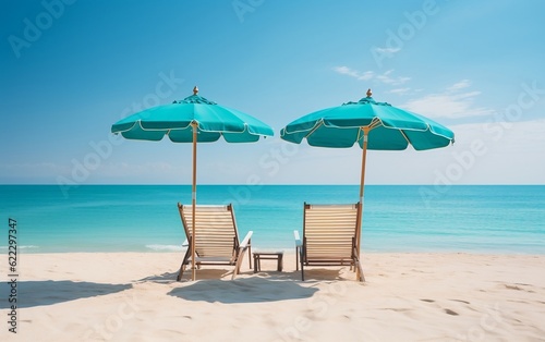 A couple of chairs sitting under an umbrella on a beach. AI © Umar