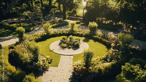 Drone Shot of a Modern Garden, Footpath made of Stone and a Huge Green Area. Generative AI.