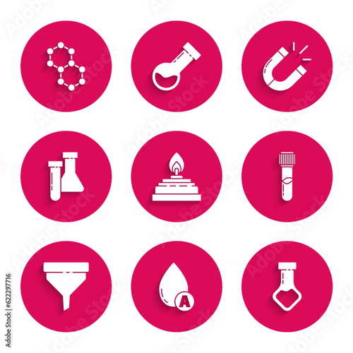 Set Alcohol or spirit burner, Water drop, Test tube and flask chemical, Funnel filter, Magnet and Molecule icon. Vector