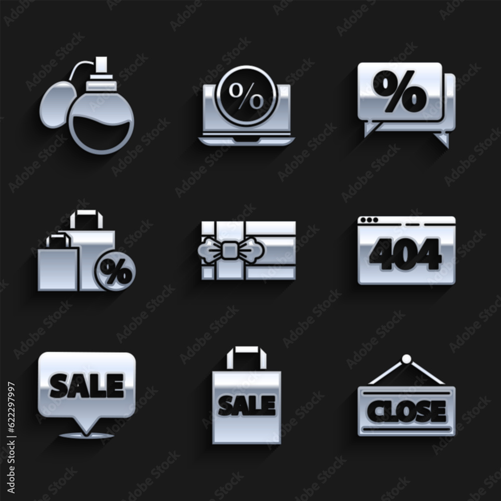 Set Gift box, Shoping bag with Sale, Hanging sign Closed, Page 404 error, discount, Discount percent tag and Perfume icon. Vector Set Gift box, Shoping bag with Sale, Hanging sign Closed, Page 404 error, discount, Discount percent tag and Perfume icon. Vector