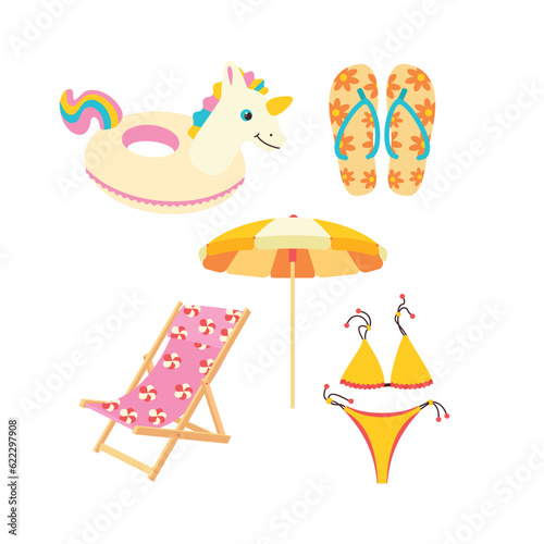 Inflatable circle in the shape of a unicorn, slippers, flip-flops, the swimsuit is separate, beach chair, sunbed, umbrella.
