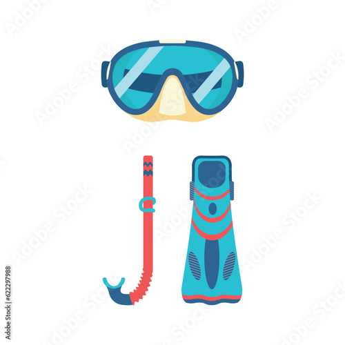 Flippers, mask and tube for scuba diving, snorkeling. Beach set for summer trips.