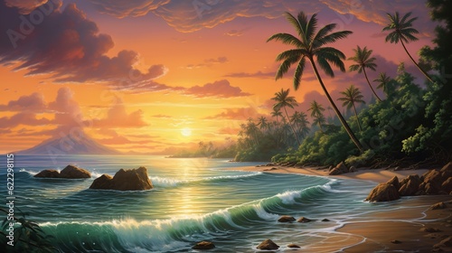 Fantastic Tropical Beach with a lot of Vegetation and Palms with an Incredible Blue Water during the Sunrise. Oil Painting, Cartoon Style. Generative AI.