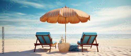 2 Seats under an Umbrella  Sunny Day at Beach. Generative AI.
