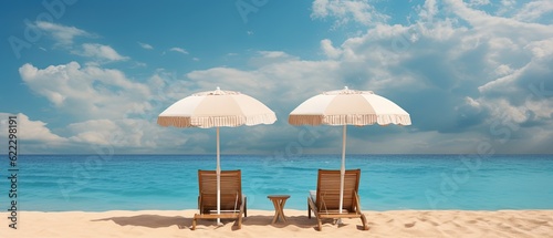 2 Seats under an Umbrella, Sunny Day at Beach. Generative AI.
