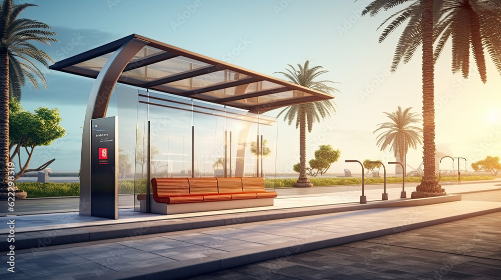 Bus station construction for advertising or promotional content located in city district in summer daytime. Bus station construction for advertising or promotional content located in city district in summer daytime.
