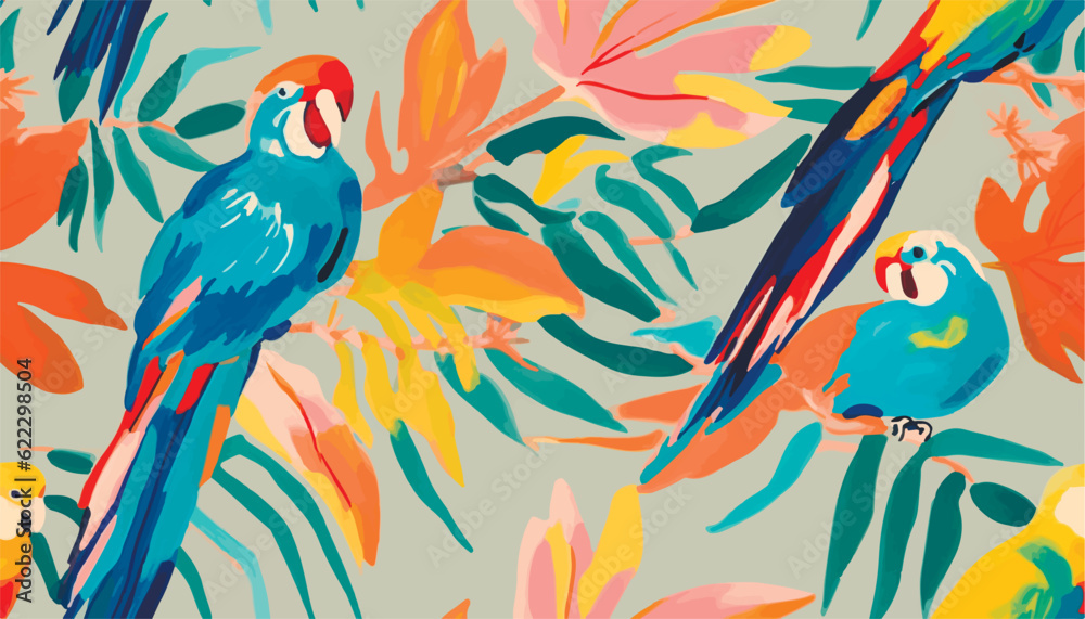 Modern tropical pattern with parrots. Cute botanical abstract contemporary seamless pattern. Hand drawn unique print.