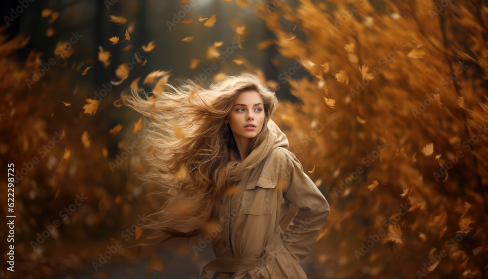 Fashion woman dressed in autumn colors in the forest at fall season. Generative AI illustrations Fashion woman dressed in autumn colors in the forest at fall season. Generative AI illustrations