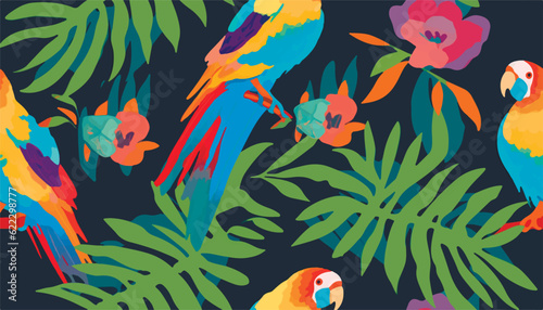Modern tropical pattern with parrots. Cute botanical abstract contemporary seamless pattern. Hand drawn unique print.