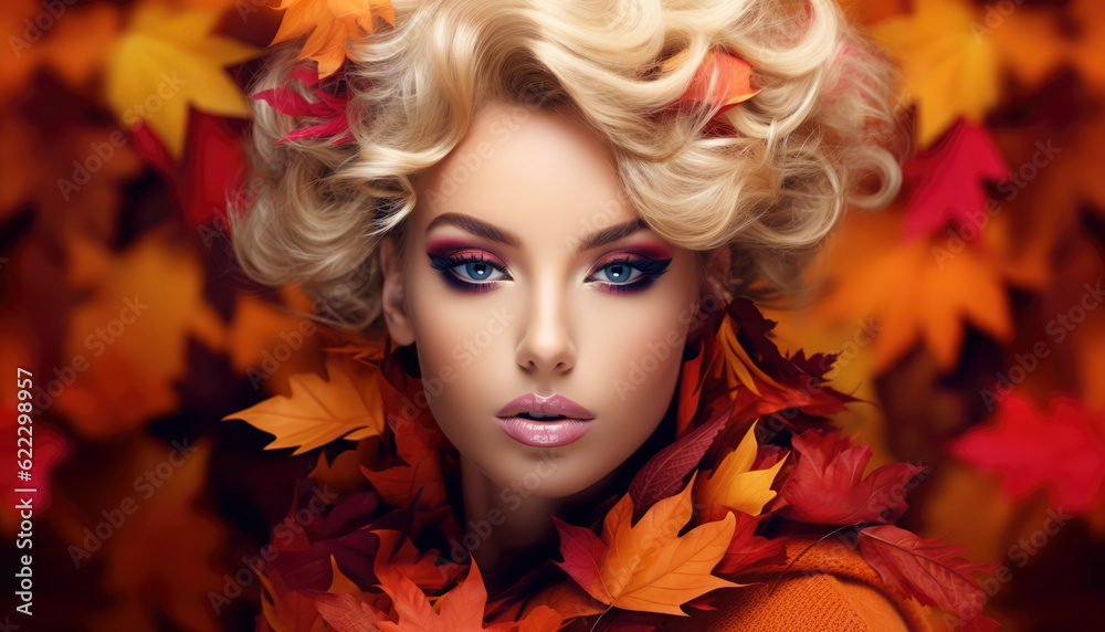 Fashion woman dressed in autumn colors in the forest at fall season. Generative AI illustrations