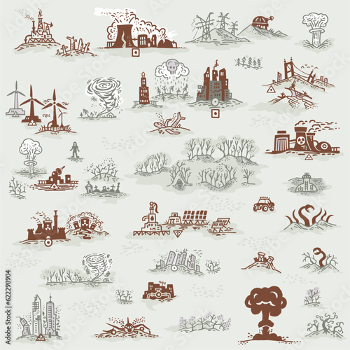 Post Apocalyptic Line Art Illustrations for Map Builder