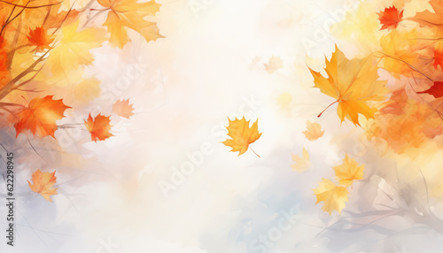 Colorful autumn scene in the forest with maple leaves in the fall. Generative AI illustrations