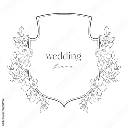 Wedding Crest with Flowers. Line Art Illustration.
