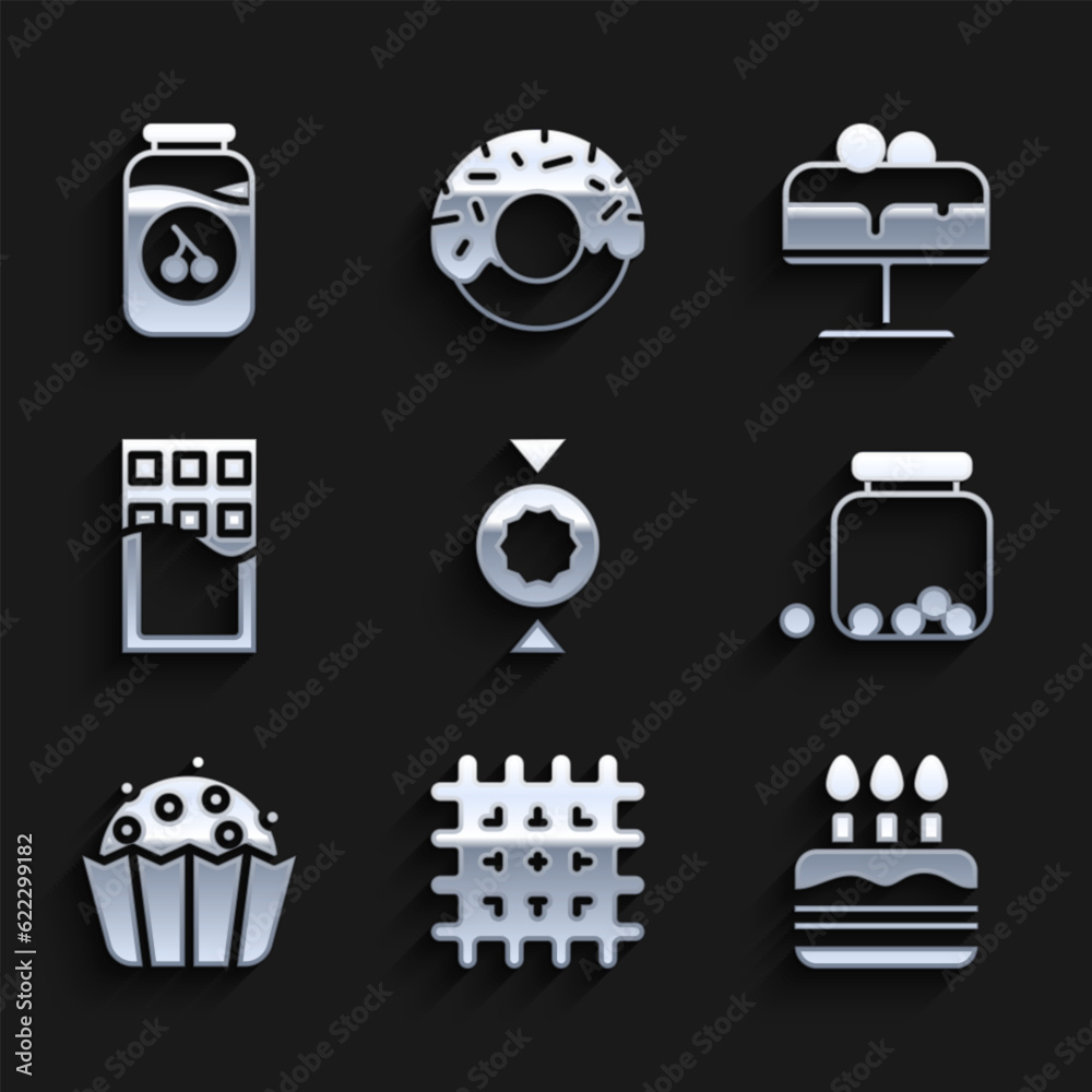 Set Candy, Cracker biscuit, Cake with burning candles, Glass jar candies inside, Cupcake, Chocolate bar, on plate and Cherry jam icon. Vector Set Candy, Cracker biscuit, Cake with burning candles, Glass jar candies inside, Cupcake, Chocolate bar, on plate and Cherry jam icon. Vector