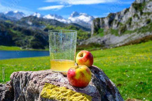 Glass of natural Asturian cider made from fermented apples with view on Covadonga lake and tops of Picos de Europa mountains, Spain photo