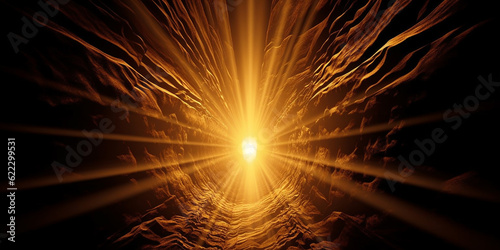 Abstract image of golden light rays emerging from one point and in the dark. Generative AI