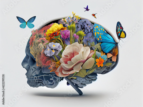Conceptual image of a flowering human brain, on an isolated background. Generative AI