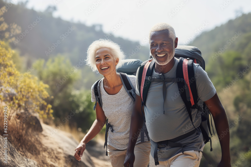 Active retired interracial couple hiking outdoors. Generative AI