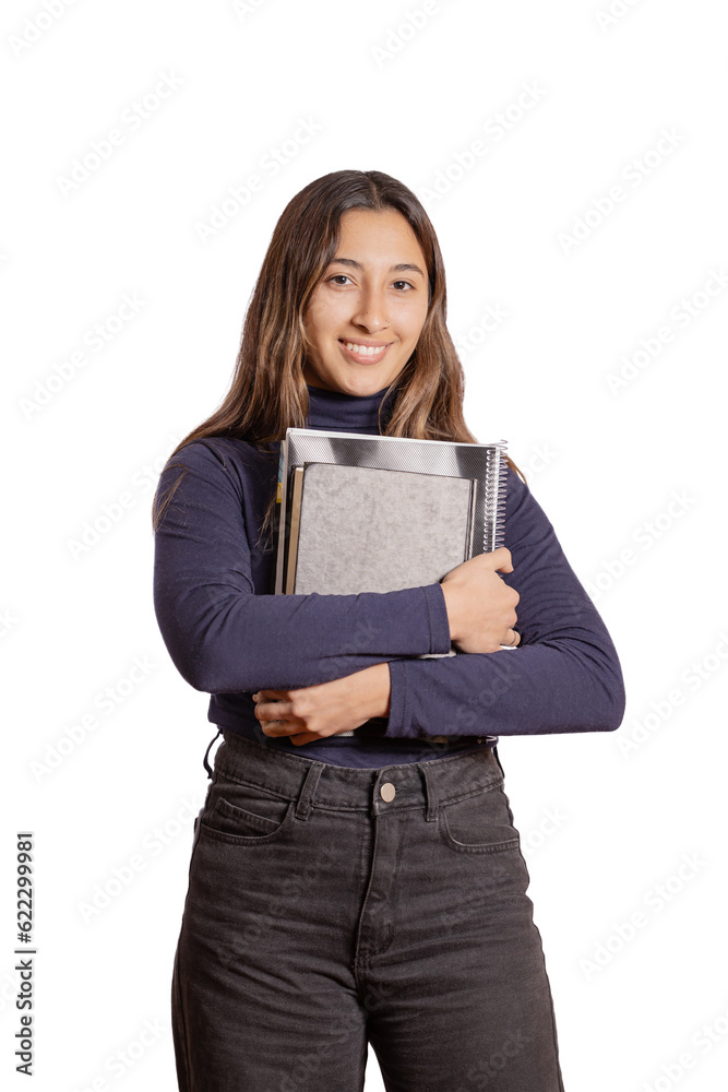 Portrait of a female student with books isolated on white background. Portrait of a female student with books isolated on white background.