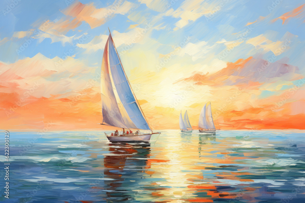 oil painting of Sailboats on sunny ocean