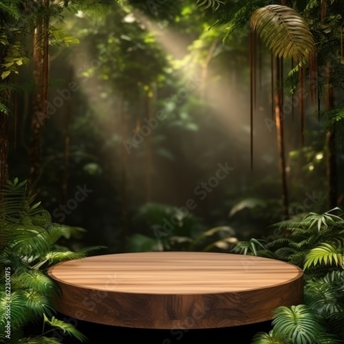 Rain forest with empty podium. Illustration AI Generative.