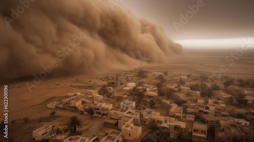Scary picture of a natural phenomenon sandstorm over a village. Generative AI 1