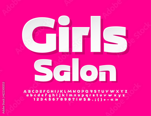 Vector bright template Girls Salon. Trendy White 3D Font. Creative Alphabet Letters and Numbers set