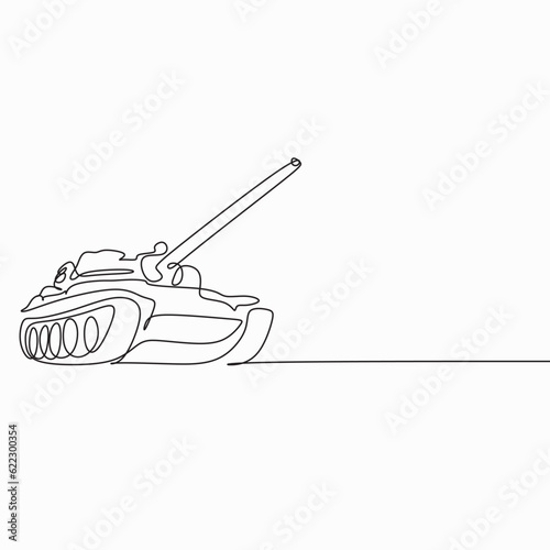 Vector Tank continuous single line drawing, minimalism army transportation.