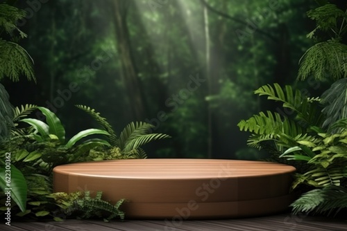 Rain forest with empty podium. Illustration AI Generative.